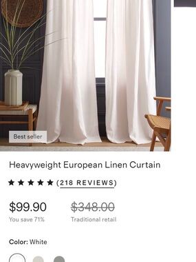 Quince European Luxe Heavyweight Linen Curtain in White (set of 2 panels) 48x96
